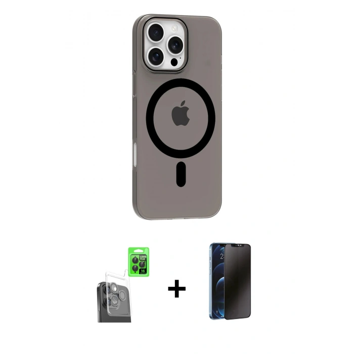 MARSİLYAN™- iPhone 16 Pro Max Kılıf Pusula Form Özel Seri - Siyah 3D Antistatik Hayalet Cam Ekran Koruyucu + Raze Metal Kamera Lens - SH