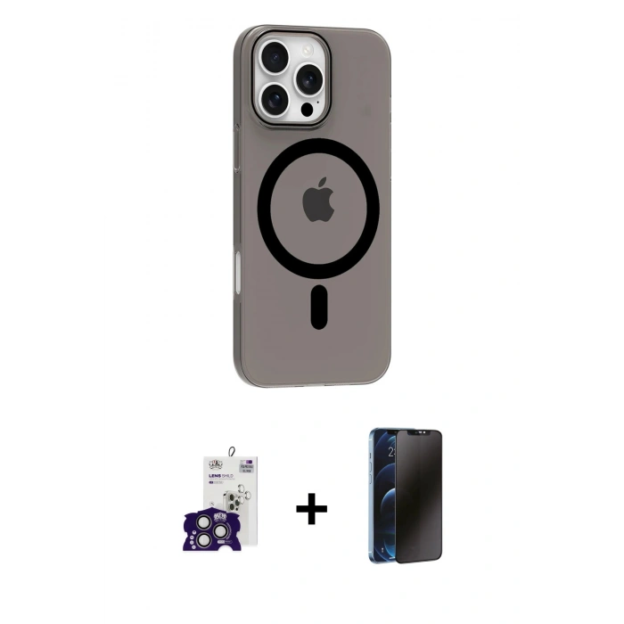 MARSİLYAN™- iPhone 16 Pro Max Kılıf Pusula Form Özel Seri - Siyah 3D Antistatik Hayalet Cam Ekran Koruyucu + Bilvis Titan Kamera Lens - TMGI