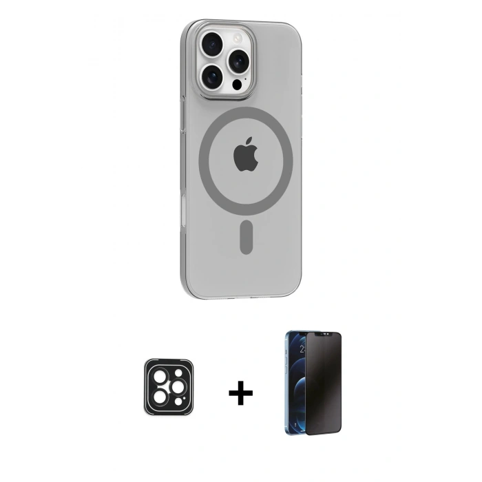 MARSİLYAN™- iPhone 16 Pro Max Kılıf Pusula Form Özel Seri - Siyah 3D Antistatik Hayalet Cam Ekran Koruyucu + PVD Metal Kamera Lens - SH