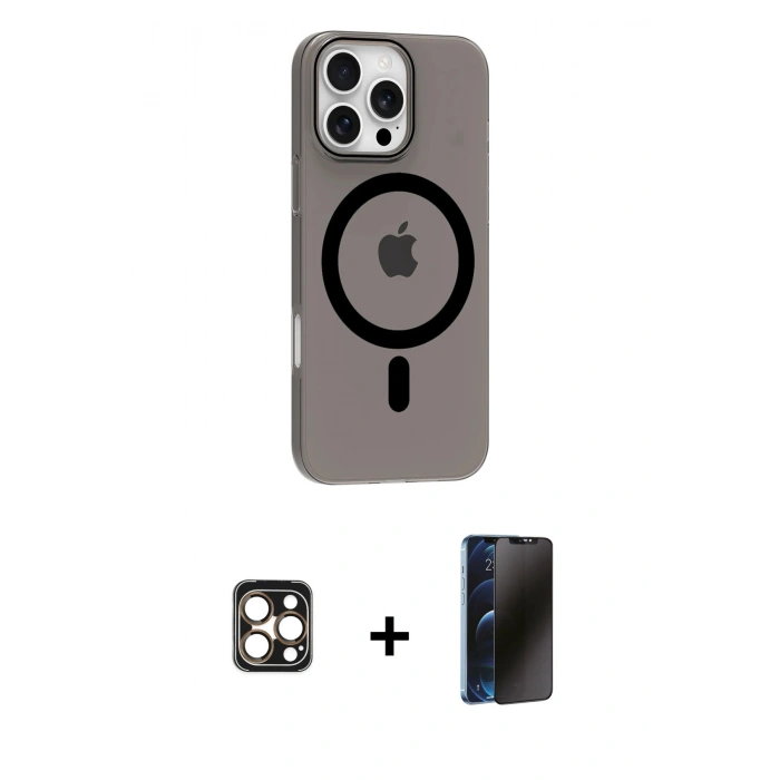 MARSİLYAN™- iPhone 16 Pro Max Kılıf Pusula Form Özel Seri - Siyah 3D Antistatik Hayalet Cam Ekran Koruyucu + PVD Metal Kamera Lens - GD