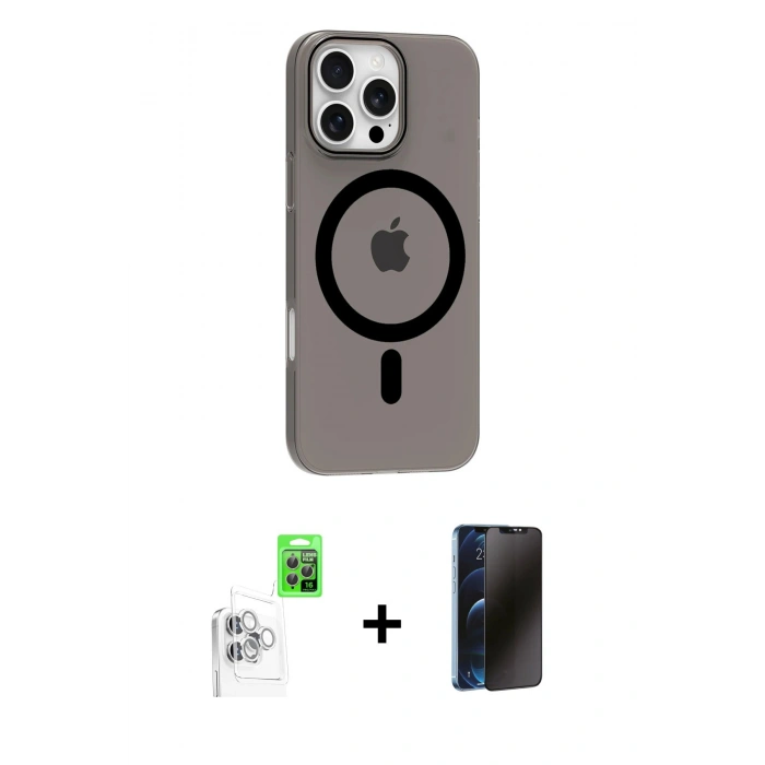MARSİLYAN™- iPhone 16 Pro Max Kılıf Pusula Form Özel Seri - Siyah 3D Antistatik Hayalet Cam Ekran Koruyucu + Raze Metal Kamera Lens - BZ