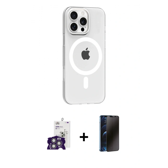 MARSİLYAN™- iPhone 16 Pro Max Kılıf Pusula Form Özel Seri - Siyah 3D Antistatik Hayalet Cam Ekran Koruyucu + Bilvis Titan Kamera Lens - GS