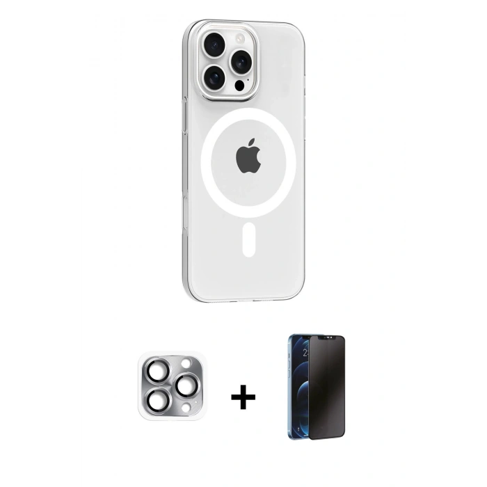 MARSİLYAN™- iPhone 16 Pro Max Kılıf Pusula Form Özel Seri - Siyah 3D Antistatik Hayalet Cam Ekran Koruyucu + Pers Alüminyum Kamera Lens - GI