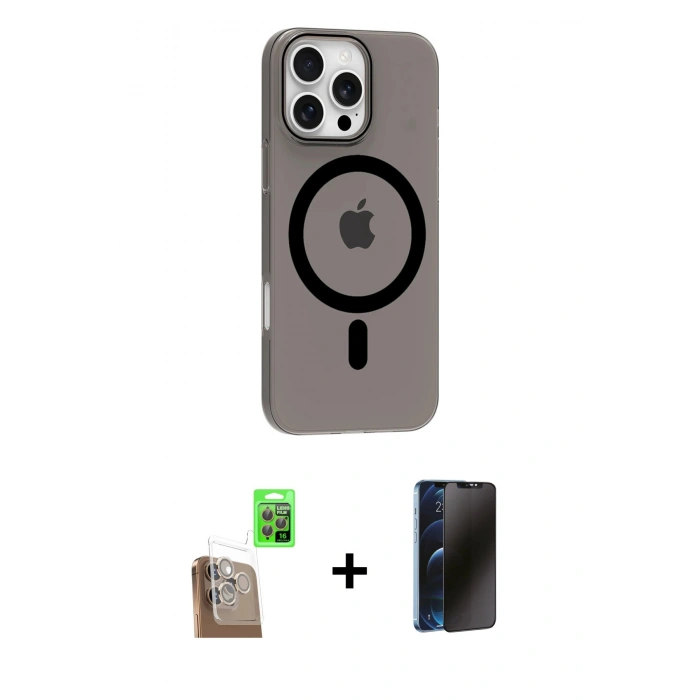 MARSİLYAN™- iPhone 16 Pro Max Kılıf Pusula Form Özel Seri - Siyah 3D Antistatik Hayalet Cam Ekran Koruyucu + Raze Metal Kamera Lens - CLTM