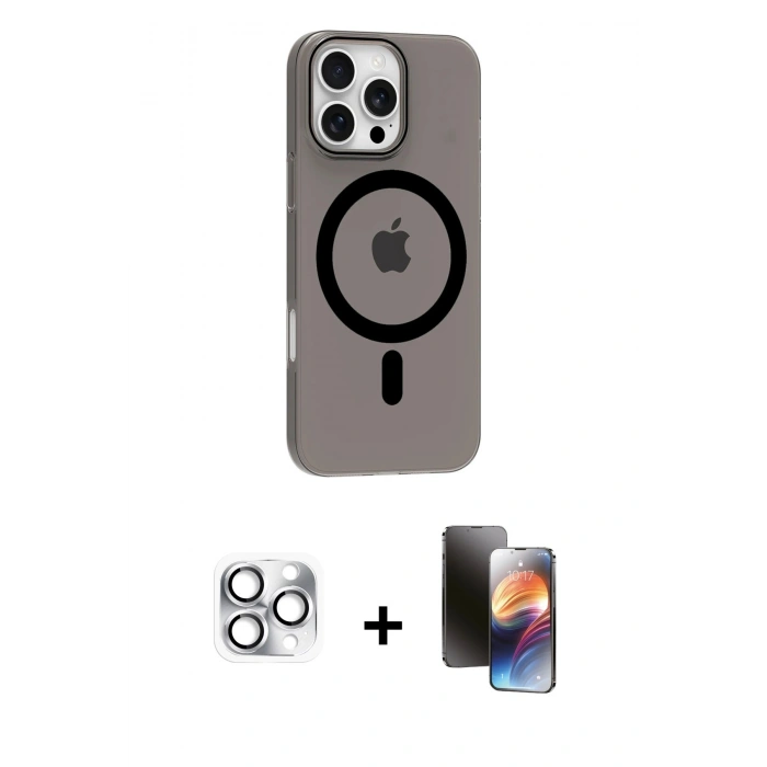 MARSİLYAN™- iPhone 16 Pro Max Kılıf Pusula Form Özel Seri - Siyah 3D Antistatik Mat Seramik Nano Ekran Koruyucu + Pers Alüminyum Kamera Lens - GS