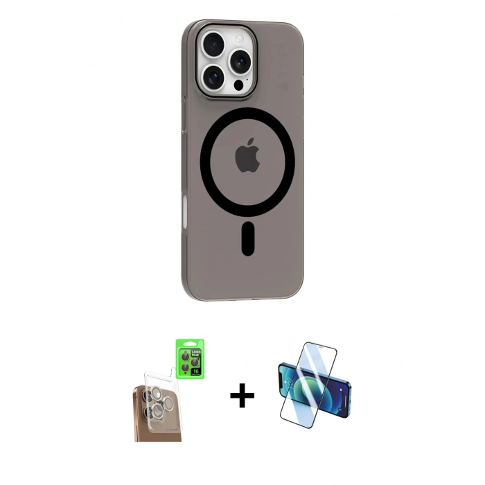 MARSİLYAN™- iPhone 16 Pro Max Kılıf Pusula Form Özel Seri - Siyah 3D Antistatik Seramik Nano Ekran Koruyucu + Raze Metal Kamera Lens - CLTM