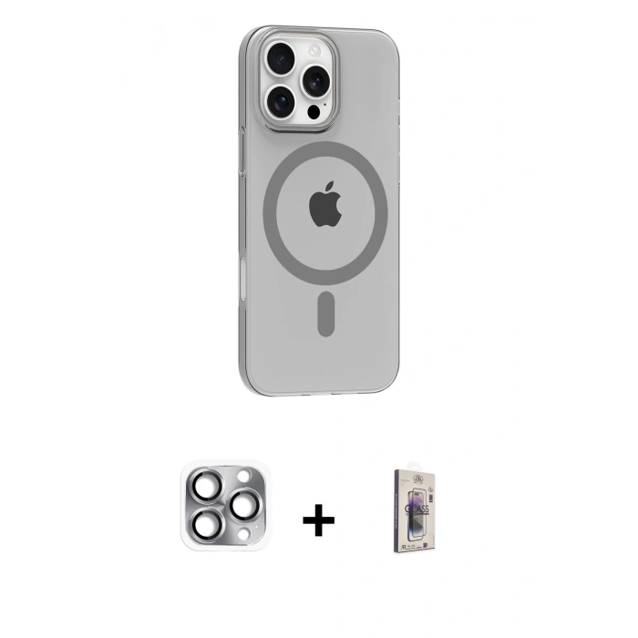 MARSİLYAN™- iPhone 16 Pro Max Kılıf Pusula Form Özel Seri - Siyah Bilvis 3D Cam Ekran Koruyucu + Pers Alüminyum Kamera Lens - GI