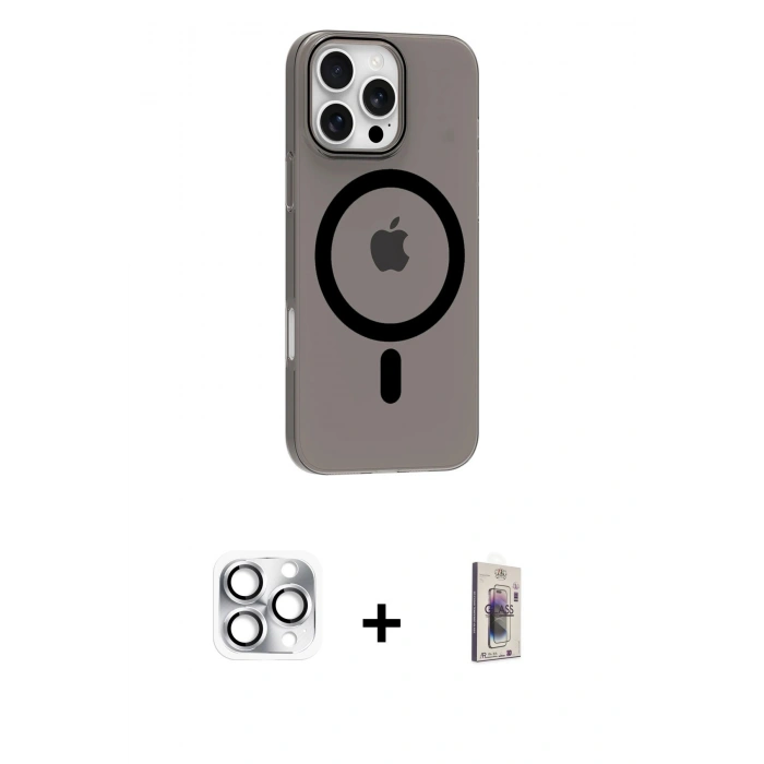MARSİLYAN™- iPhone 16 Pro Max Kılıf Pusula Form Özel Seri - Siyah Bilvis 3D Cam Ekran Koruyucu + Pers Alüminyum Kamera Lens - GS