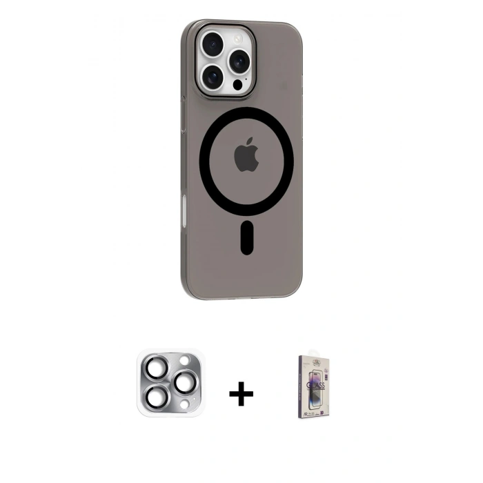 MARSİLYAN™- iPhone 16 Pro Max Kılıf Pusula Form Özel Seri - Siyah Bilvis 3D Cam Ekran Koruyucu + Pers Alüminyum Kamera Lens - GI
