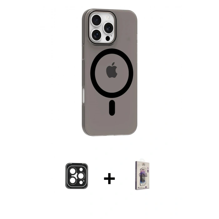 MARSİLYAN™- iPhone 16 Pro Max Kılıf Pusula Form Özel Seri - Siyah Bilvis 3D Cam Ekran Koruyucu + PVD Metal Kamera Lens - SH