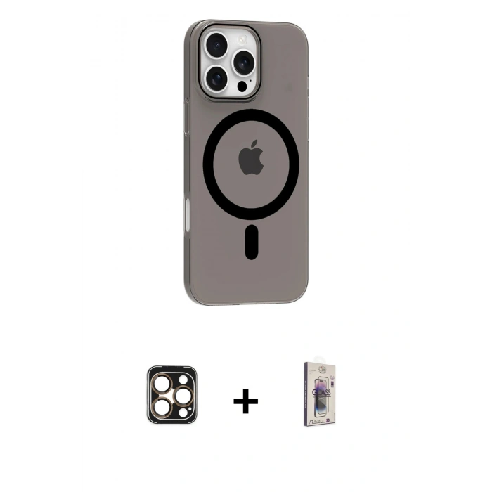 MARSİLYAN™- iPhone 16 Pro Max Kılıf Pusula Form Özel Seri - Siyah Bilvis 3D Cam Ekran Koruyucu + PVD Metal Kamera Lens - GD