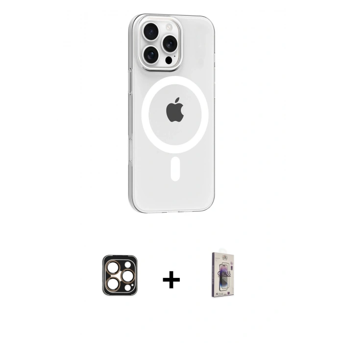 MARSİLYAN™- iPhone 16 Pro Max Kılıf Pusula Form Özel Seri - Siyah Bilvis 3D Cam Ekran Koruyucu + PVD Metal Kamera Lens - GD