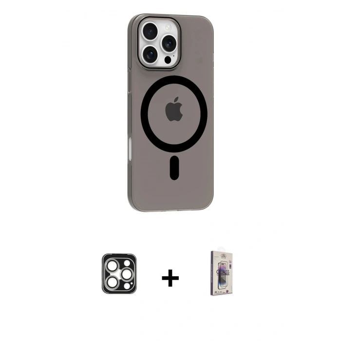 MARSİLYAN™- iPhone 16 Pro Max Kılıf Pusula Form Özel Seri - Siyah Bilvis 3D Cam Ekran Koruyucu + PVD Metal Kamera Lens - GS