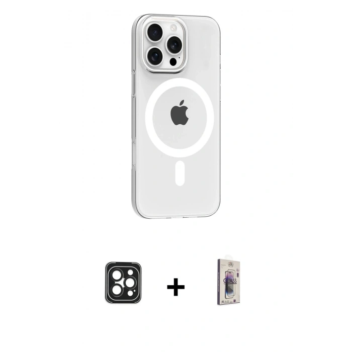 MARSİLYAN™- iPhone 16 Pro Max Kılıf Pusula Form Özel Seri - Siyah Bilvis 3D Cam Ekran Koruyucu + PVD Metal Kamera Lens - SH