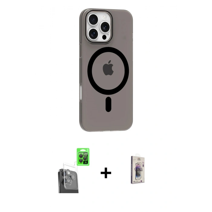 MARSİLYAN™- iPhone 16 Pro Max Kılıf Pusula Form Özel Seri - Siyah Bilvis 3D Cam Ekran Koruyucu + Raze Metal Kamera Lens - SH