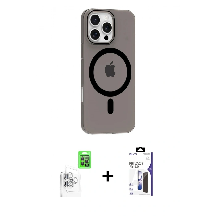MARSİLYAN™- iPhone 16 Pro Max Kılıf Pusula Form Özel Seri - Siyah Bilvis 3X AR Hayalet Cam Ekran Koruyucu + Raze Metal Kamera Lens - BZ