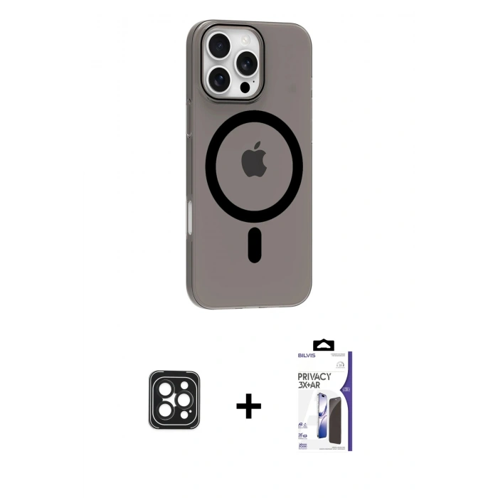 MARSİLYAN™- iPhone 16 Pro Max Kılıf Pusula Form Özel Seri - Siyah Bilvis 3X AR Hayalet Cam Ekran Koruyucu + PVD Metal Kamera Lens - SH