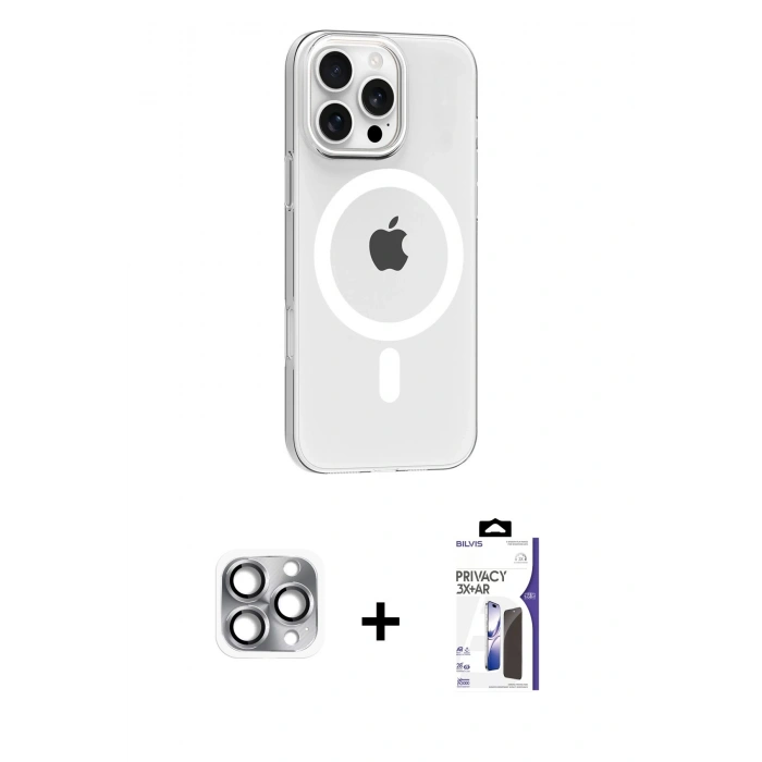 MARSİLYAN™- iPhone 16 Pro Max Kılıf Pusula Form Özel Seri - Siyah Bilvis 3X AR Hayalet Cam Ekran Koruyucu + Pers Alüminyum Kamera Lens - GI
