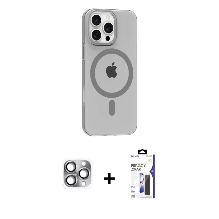 MARSİLYAN™- iPhone 16 Pro Max Kılıf Pusula Form Özel Seri - Siyah Bilvis 3X AR Hayalet Cam Ekran Koruyucu + Pers Alüminyum Kamera Lens - GI