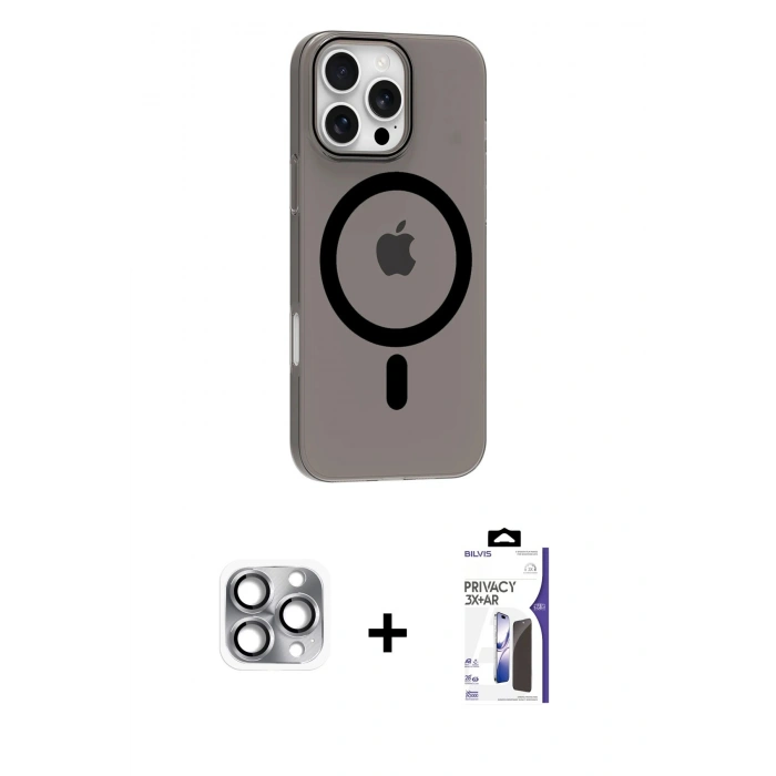 MARSİLYAN™- iPhone 16 Pro Max Kılıf Pusula Form Özel Seri - Siyah Bilvis 3X AR Hayalet Cam Ekran Koruyucu + Pers Alüminyum Kamera Lens - GI