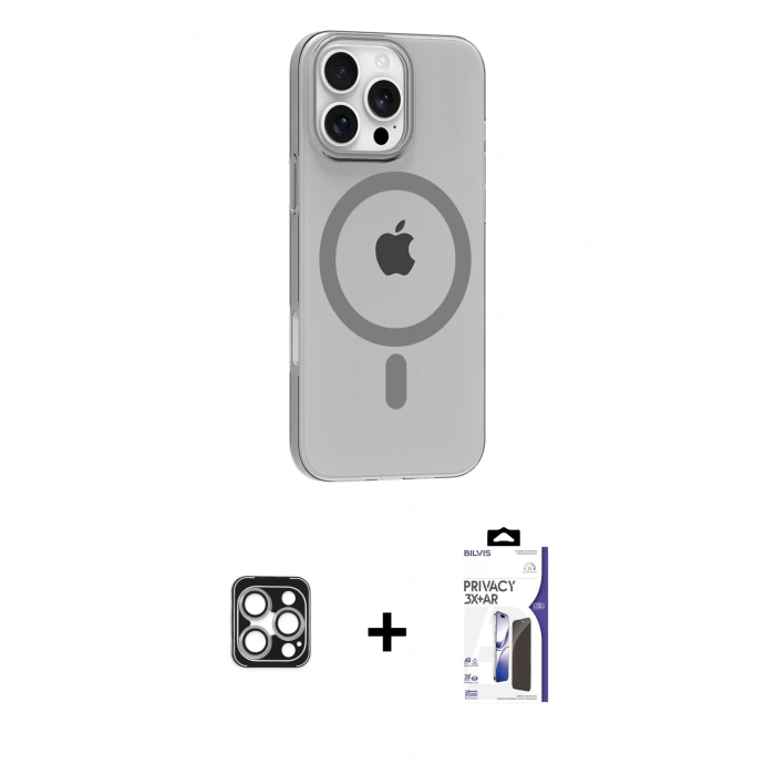 MARSİLYAN™- iPhone 16 Pro Max Kılıf Pusula Form Özel Seri - Siyah Bilvis 3X AR Hayalet Cam Ekran Koruyucu + PVD Metal Kamera Lens - GS