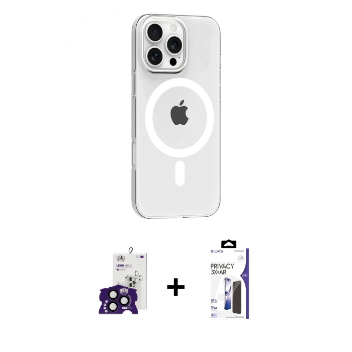 MARSİLYAN™- iPhone 16 Pro Max Kılıf Pusula Form Özel Seri - Siyah Bilvis 3X AR Hayalet Cam Ekran Koruyucu + Bilvis Titan Kamera Lens - SH