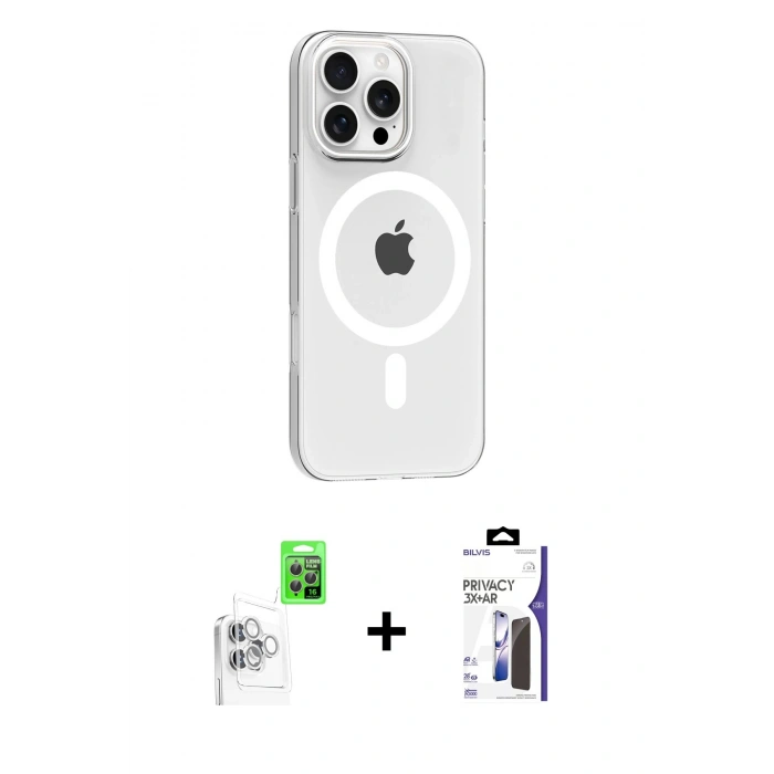 MARSİLYAN™- iPhone 16 Pro Max Kılıf Pusula Form Özel Seri - Siyah Bilvis 3X AR Hayalet Cam Ekran Koruyucu + Raze Metal Kamera Lens - BZ