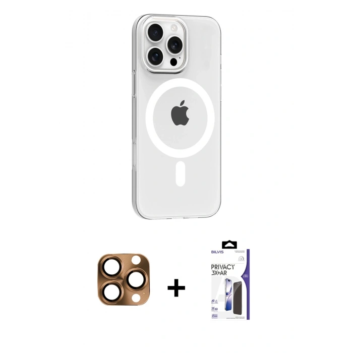 MARSİLYAN™- iPhone 16 Pro Max Kılıf Pusula Form Özel Seri - Siyah Bilvis 3X AR Hayalet Cam Ekran Koruyucu + Pers Alüminyum Kamera Lens - CLTM