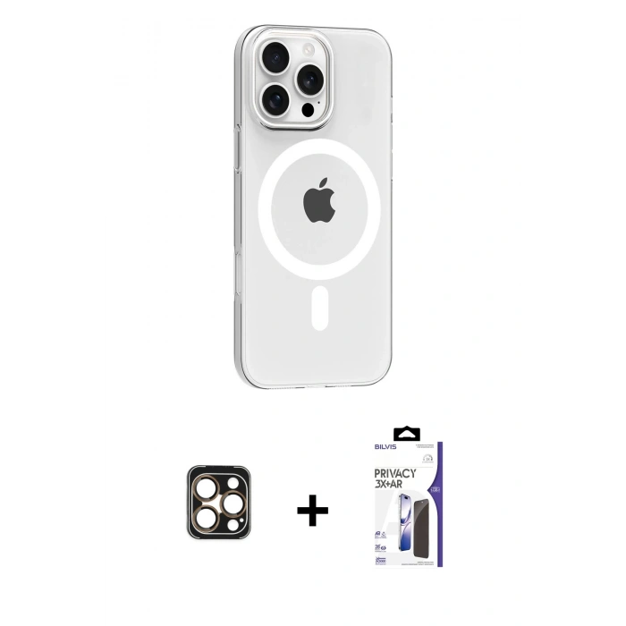 MARSİLYAN™- iPhone 16 Pro Max Kılıf Pusula Form Özel Seri - Siyah Bilvis 3X AR Hayalet Cam Ekran Koruyucu + PVD Metal Kamera Lens - GD