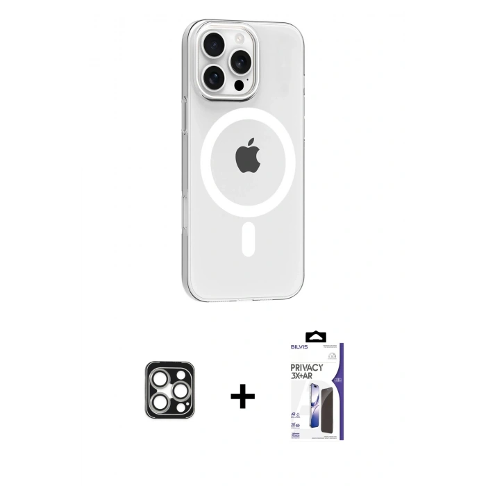 MARSİLYAN™- iPhone 16 Pro Max Kılıf Pusula Form Özel Seri - Siyah Bilvis 3X AR Hayalet Cam Ekran Koruyucu + PVD Metal Kamera Lens - GS