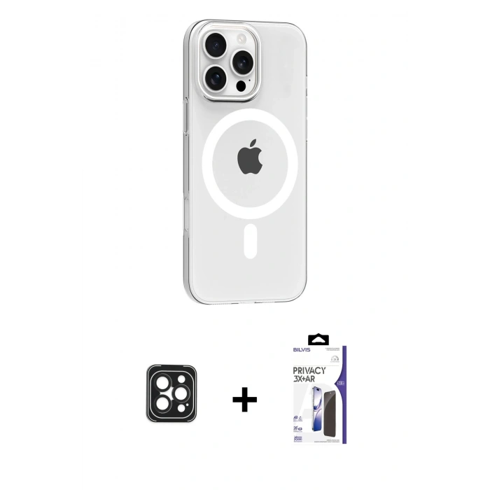 MARSİLYAN™- iPhone 16 Pro Max Kılıf Pusula Form Özel Seri - Siyah Bilvis 3X AR Hayalet Cam Ekran Koruyucu + PVD Metal Kamera Lens - SH
