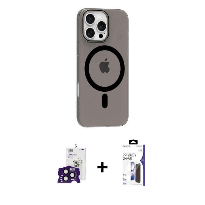 MARSİLYAN™- iPhone 16 Pro Max Kılıf Pusula Form Özel Seri - Siyah Bilvis 3X AR Hayalet Cam Ekran Koruyucu + Bilvis Titan Kamera Lens - SH