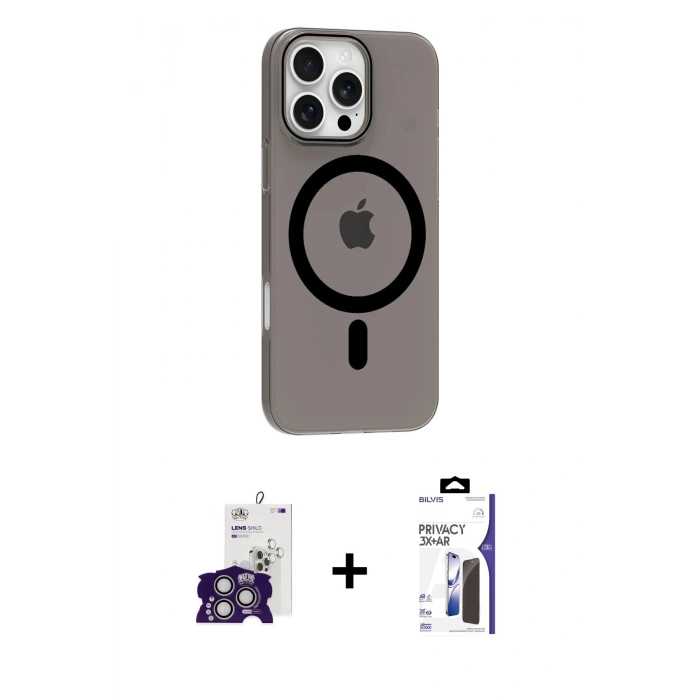 MARSİLYAN™- iPhone 16 Pro Max Kılıf Pusula Form Özel Seri - Siyah Bilvis 3X AR Hayalet Cam Ekran Koruyucu + Bilvis Titan Kamera Lens - GS