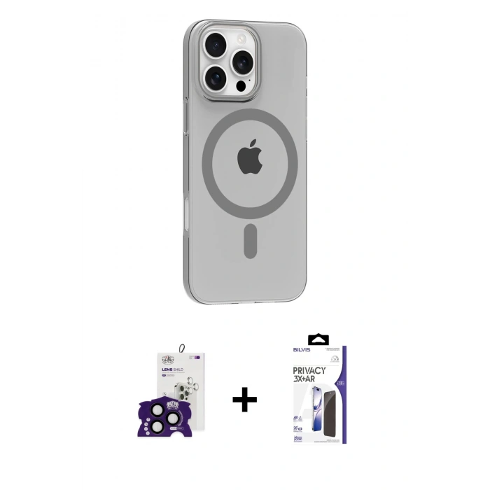 MARSİLYAN™- iPhone 16 Pro Max Kılıf Pusula Form Özel Seri - Siyah Bilvis 3X AR Hayalet Cam Ekran Koruyucu + Bilvis Titan Kamera Lens - SH