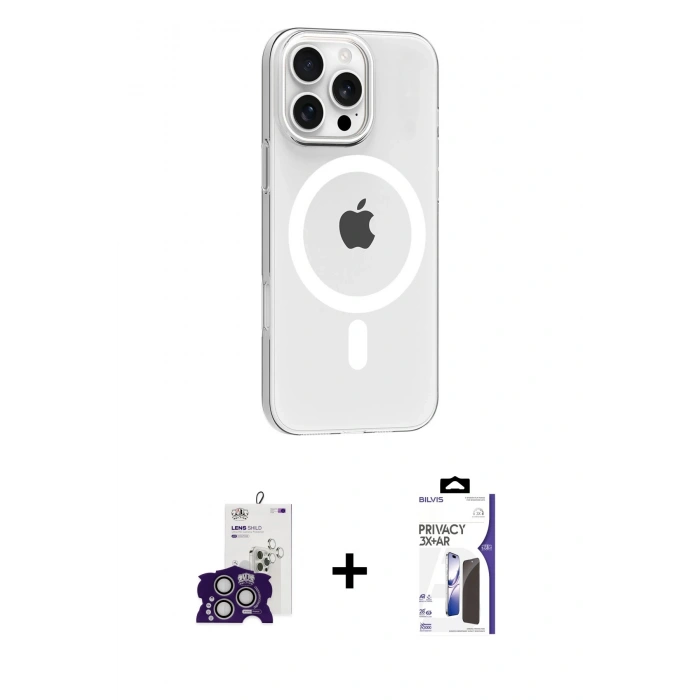 MARSİLYAN™- iPhone 16 Pro Max Kılıf Pusula Form Özel Seri - Siyah Bilvis 3X AR Hayalet Cam Ekran Koruyucu + Bilvis Titan Kamera Lens - GS