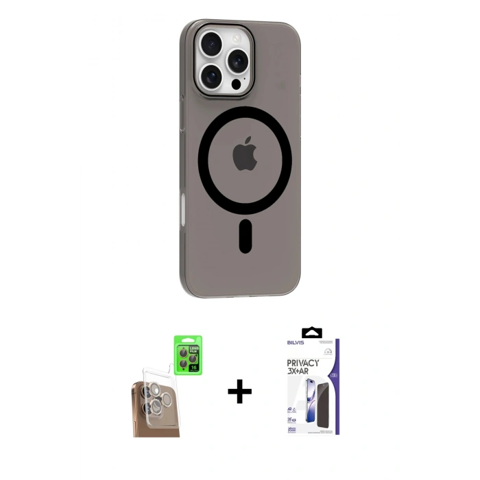MARSİLYAN™- iPhone 16 Pro Max Kılıf Pusula Form Özel Seri - Siyah Bilvis 3X AR Hayalet Cam Ekran Koruyucu + Raze Metal Kamera Lens - CLTM