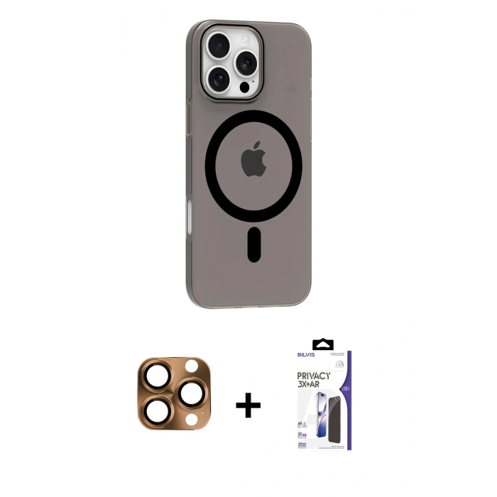 MARSİLYAN™- iPhone 16 Pro Max Kılıf Pusula Form Özel Seri - Siyah Bilvis 3X AR Hayalet Cam Ekran Koruyucu + Pers Alüminyum Kamera Lens - CLTM