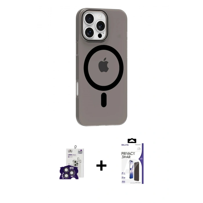 MARSİLYAN™- iPhone 16 Pro Max Kılıf Pusula Form Özel Seri - Siyah Bilvis 3X AR Hayalet Cam Ekran Koruyucu + Bilvis Titan Kamera Lens - TMGI