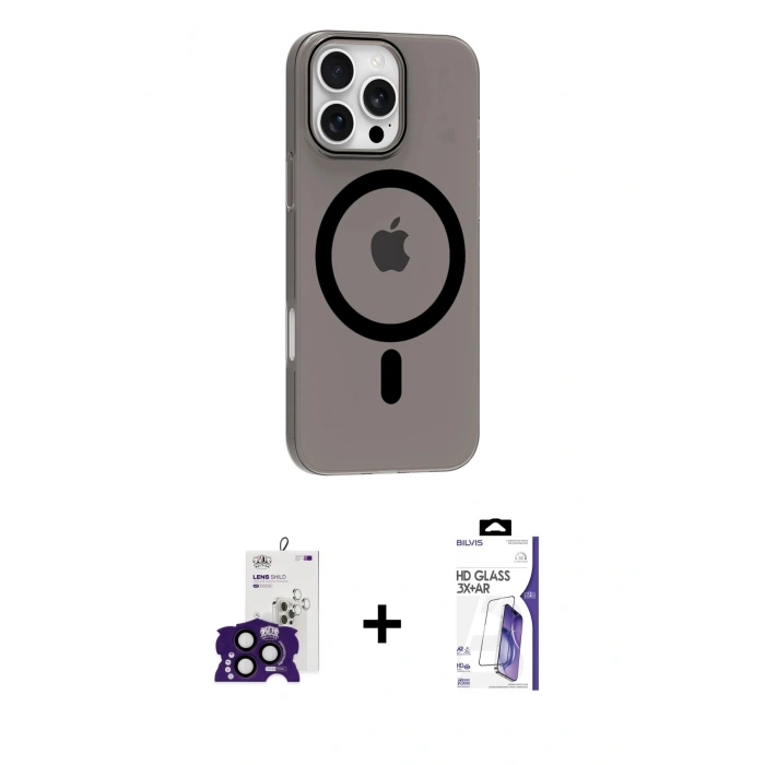 MARSİLYAN™- iPhone 16 Pro Max Kılıf Pusula Form Özel Seri - Siyah Bilvis 3X AR HD Cam Ekran Koruyucu + Bilvis Titan Kamera Lens - SH