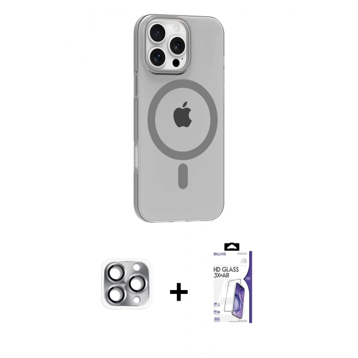 MARSİLYAN™- iPhone 16 Pro Max Kılıf Pusula Form Özel Seri - Siyah Bilvis 3X AR HD Cam Ekran Koruyucu + Pers Alüminyum Kamera Lens - GI
