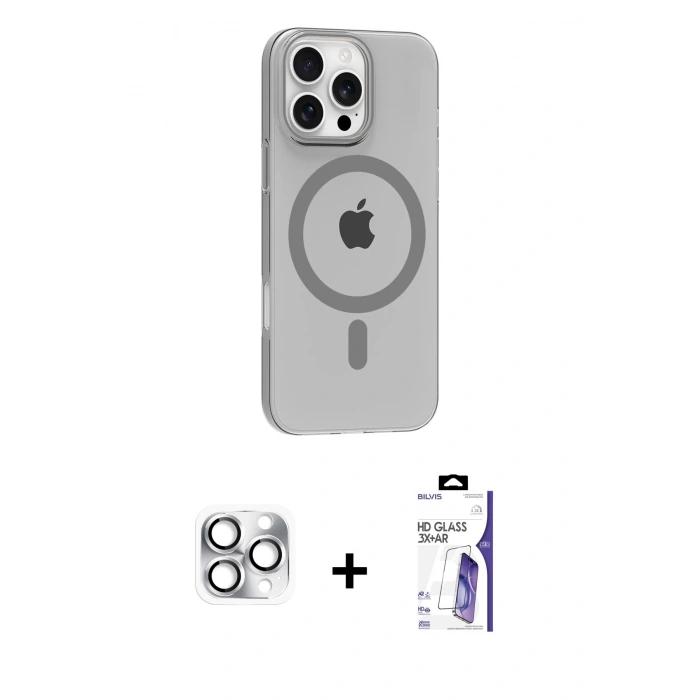 MARSİLYAN™- iPhone 16 Pro Max Kılıf Pusula Form Özel Seri - Siyah Bilvis 3X AR HD Cam Ekran Koruyucu + Pers Alüminyum Kamera Lens - GS