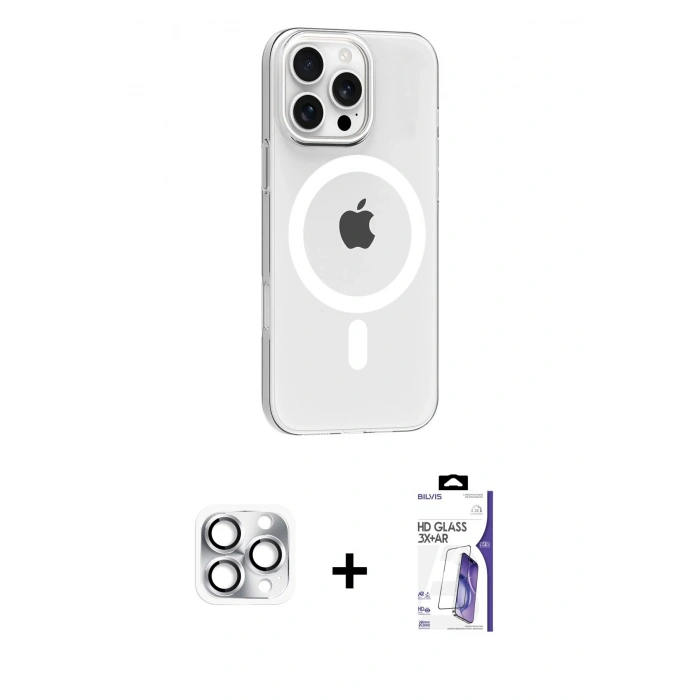 MARSİLYAN™- iPhone 16 Pro Max Kılıf Pusula Form Özel Seri - Siyah Bilvis 3X AR HD Cam Ekran Koruyucu + Pers Alüminyum Kamera Lens - GS