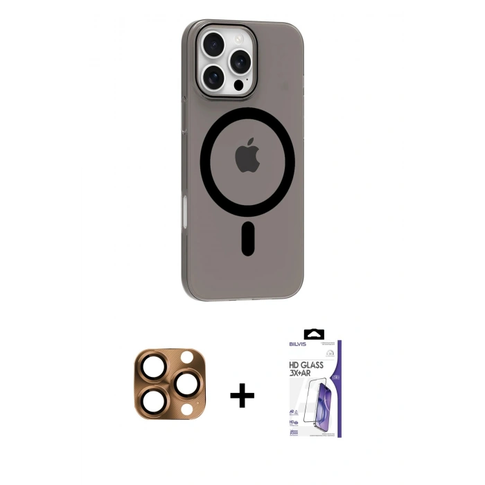 MARSİLYAN™- iPhone 16 Pro Max Kılıf Pusula Form Özel Seri - Siyah Bilvis 3X AR HD Cam Ekran Koruyucu + Pers Alüminyum Kamera Lens - CLTM