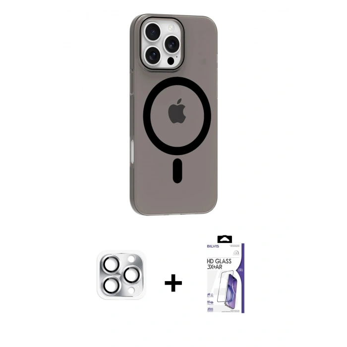 MARSİLYAN™- iPhone 16 Pro Max Kılıf Pusula Form Özel Seri - Siyah Bilvis 3X AR HD Cam Ekran Koruyucu + Pers Alüminyum Kamera Lens - GS