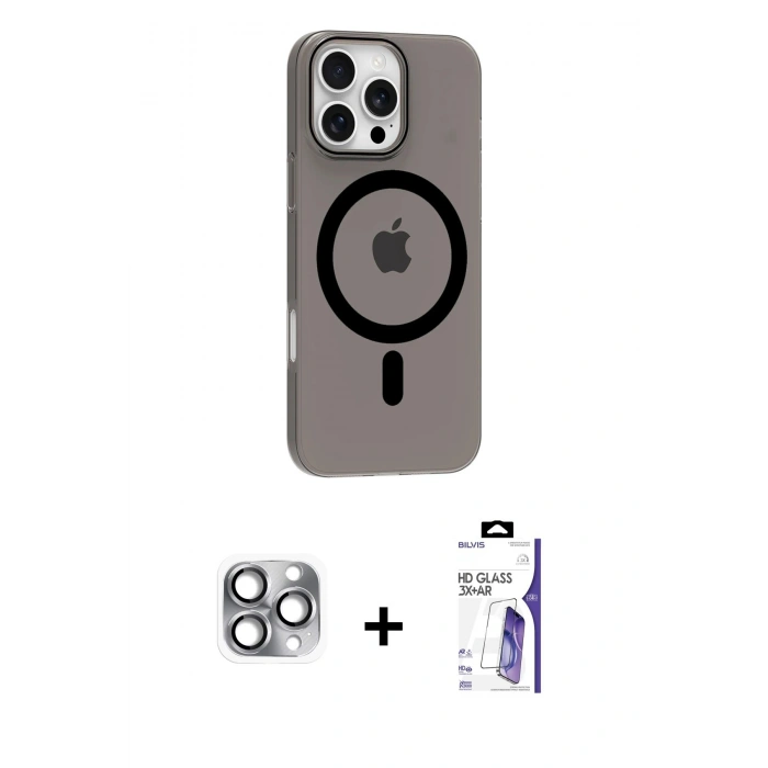 MARSİLYAN™- iPhone 16 Pro Max Kılıf Pusula Form Özel Seri - Siyah Bilvis 3X AR HD Cam Ekran Koruyucu + Pers Alüminyum Kamera Lens - GI
