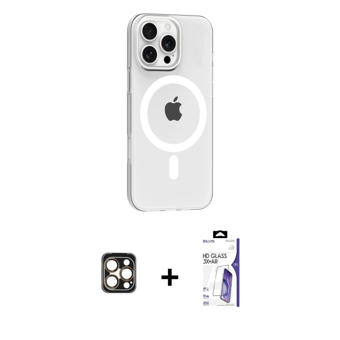 MARSİLYAN™- iPhone 16 Pro Max Kılıf Pusula Form Özel Seri - Siyah Bilvis 3X AR HD Cam Ekran Koruyucu + PVD Metal Kamera Lens - GD
