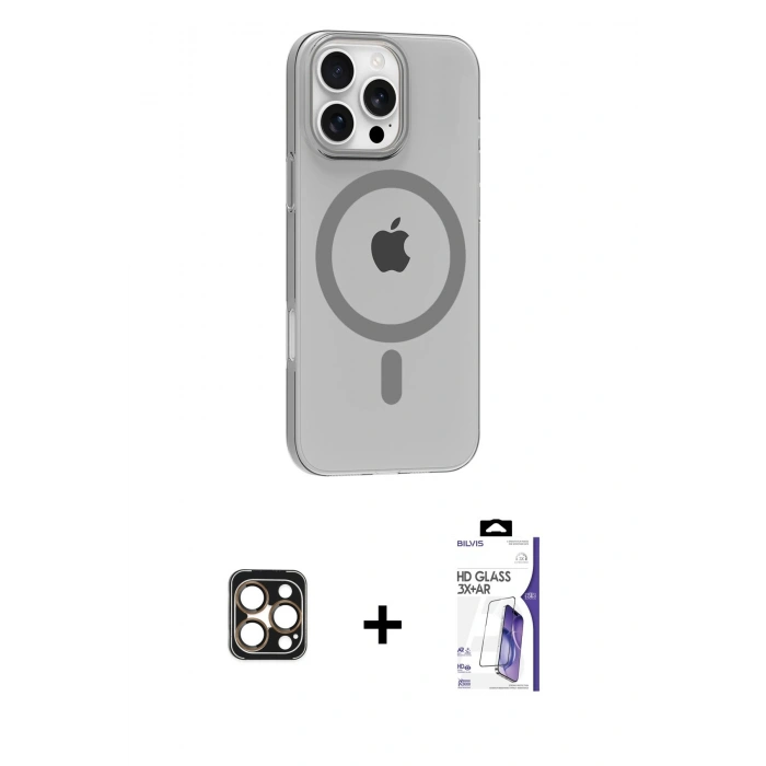 MARSİLYAN™- iPhone 16 Pro Max Kılıf Pusula Form Özel Seri - Siyah Bilvis 3X AR HD Cam Ekran Koruyucu + PVD Metal Kamera Lens - GD