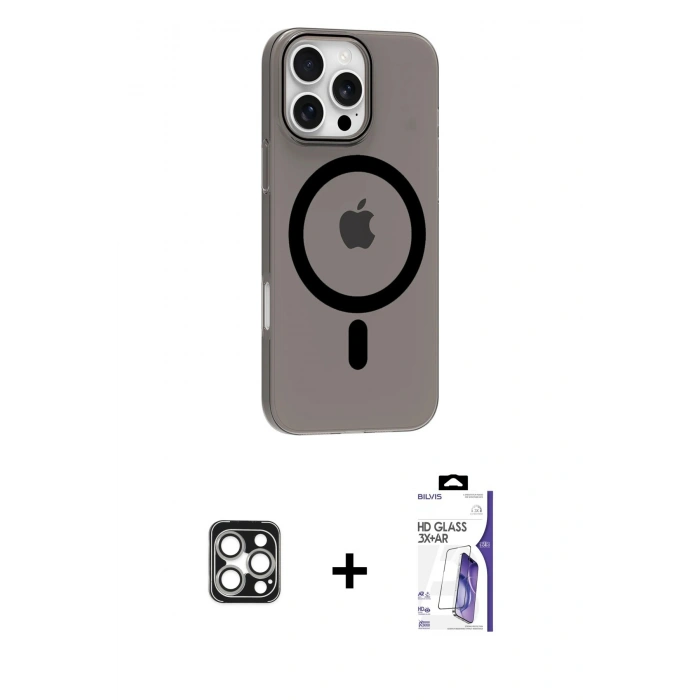 MARSİLYAN™- iPhone 16 Pro Max Kılıf Pusula Form Özel Seri - Siyah Bilvis 3X AR HD Cam Ekran Koruyucu + PVD Metal Kamera Lens - GS