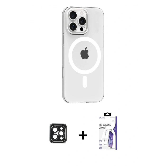 MARSİLYAN™- iPhone 16 Pro Max Kılıf Pusula Form Özel Seri - Siyah Bilvis 3X AR HD Cam Ekran Koruyucu + PVD Metal Kamera Lens - SH