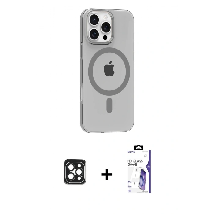 MARSİLYAN™- iPhone 16 Pro Max Kılıf Pusula Form Özel Seri - Siyah Bilvis 3X AR HD Cam Ekran Koruyucu + PVD Metal Kamera Lens - SH